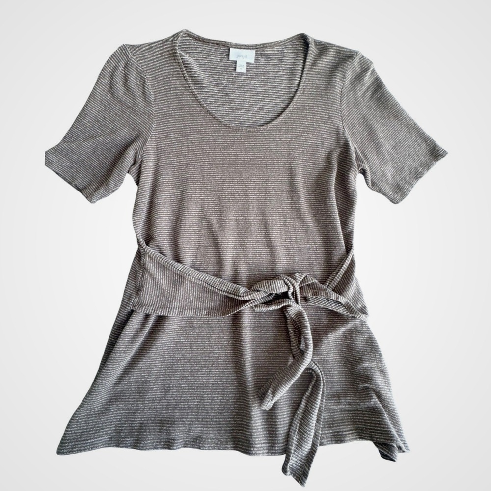 Pure Jill J Jill Linen Blend Striped Tie Waist Tunic Top Brown White Womens M‎